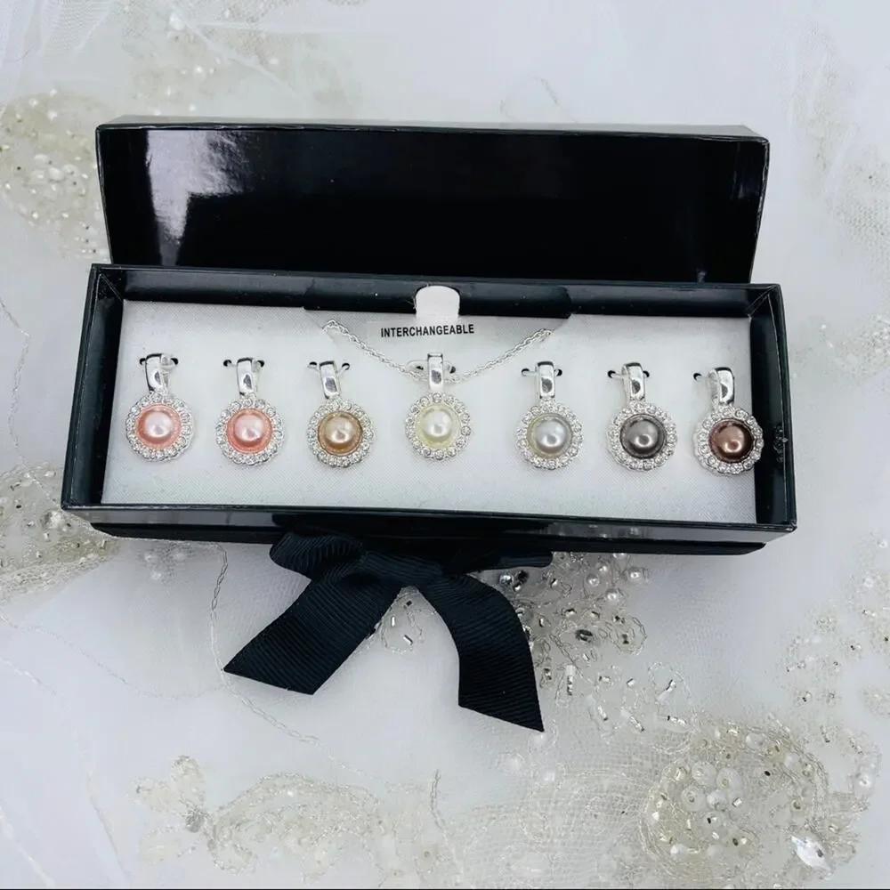 Interchangeable Pendants on chain faux pearl and rhinestones 7 pendants NIB